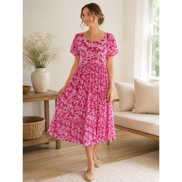 Naqui Dresses & Skirts - VTG Naqui Pink Floral Pleated Midi Dress O/S Boho Cottagecore Button Back